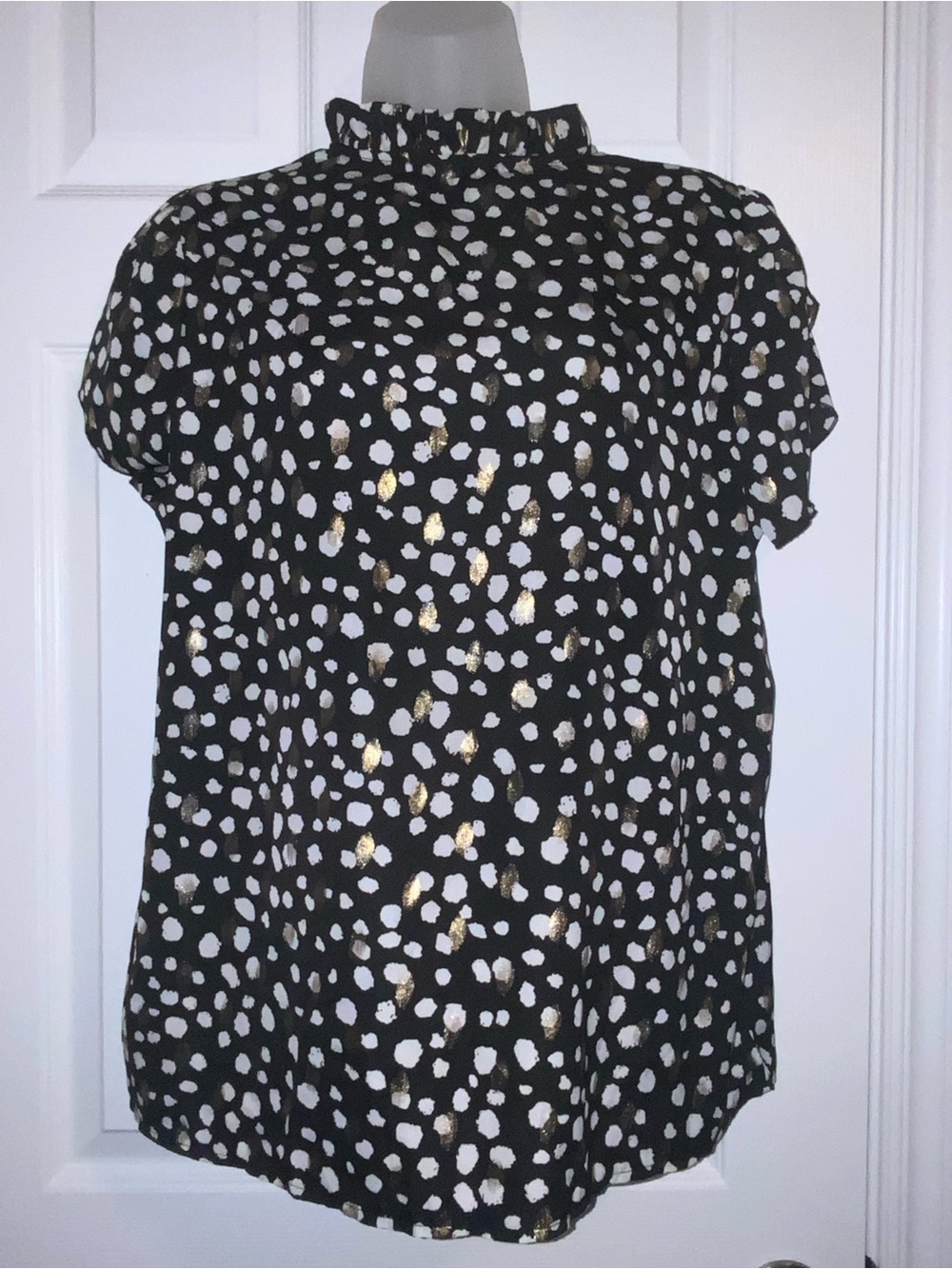 Black Polka Dot Ruffle Neck Women's Top with Gold Accents